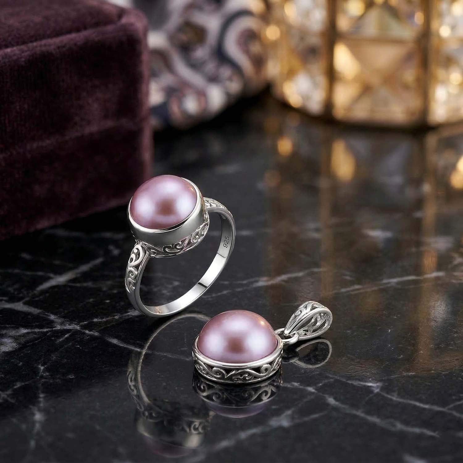 Royal Bali Kollektion- Rosa Mabe Perle Ring und Anhänger