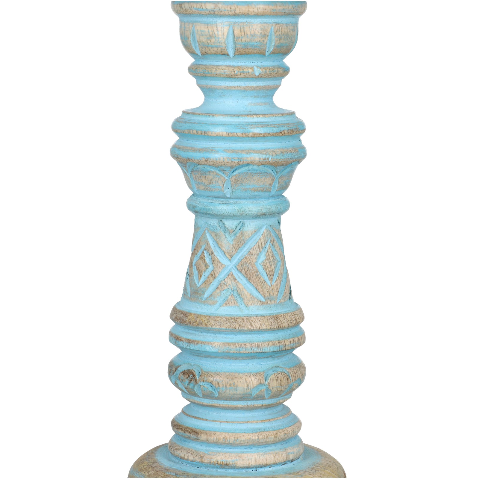Set aus 2 antiken geschnitzten Holzkerzenhaltern mit quadratischem Ständer, 23cm, Altblau