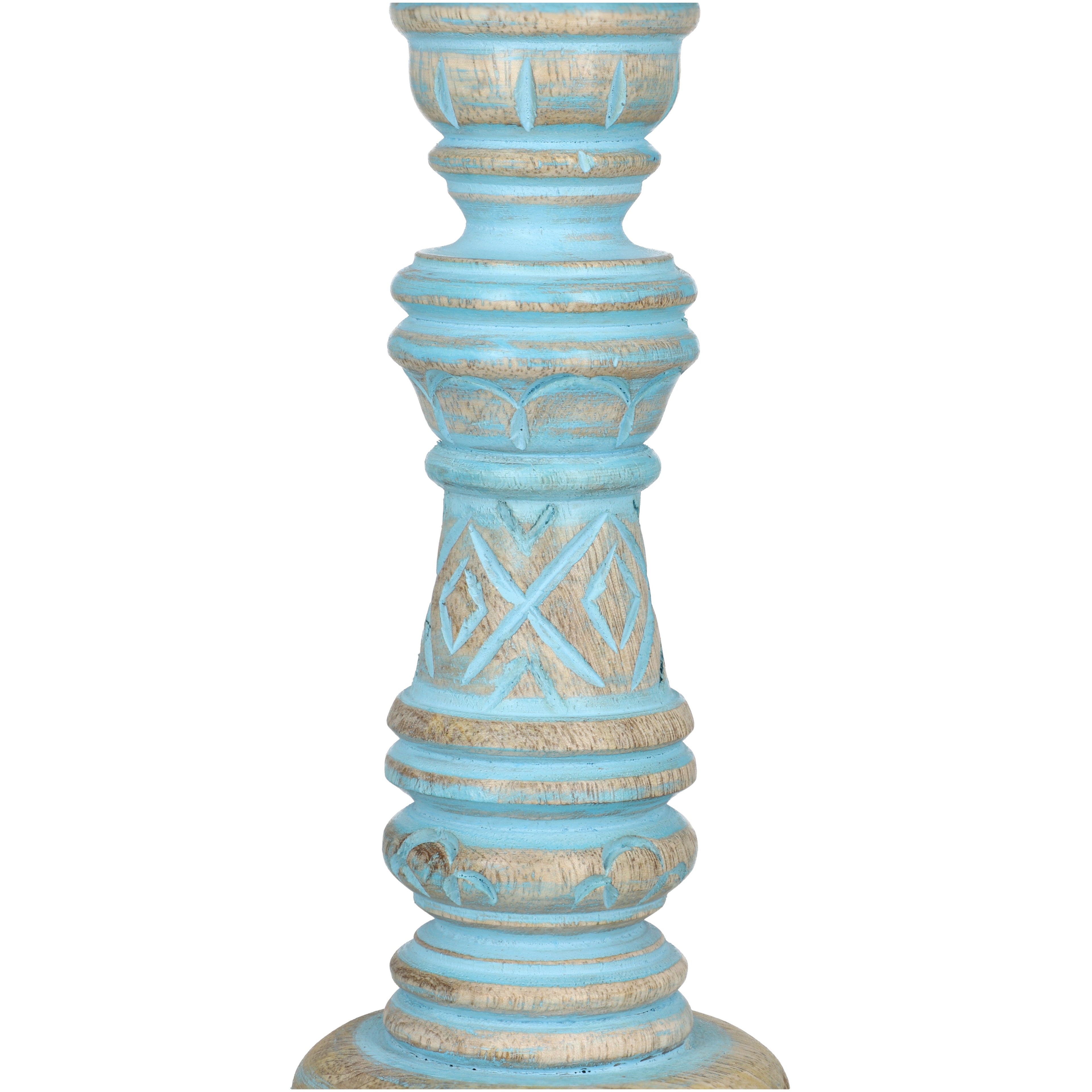 Set aus 2 antiken geschnitzten Holzkerzenhaltern mit quadratischem Ständer, 23cm, Altblau