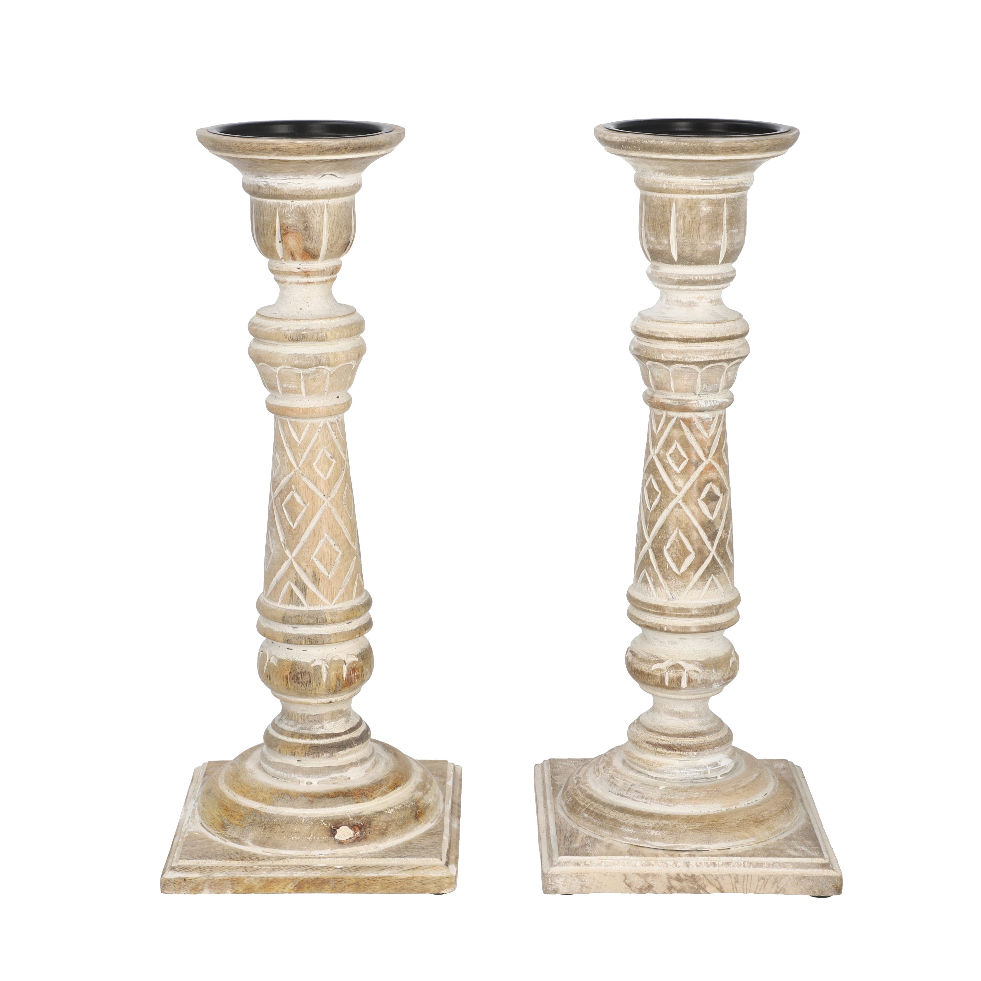 Set aus 2 antiken geschnitzten Holzkerzenhaltern mit quadratischem Ständer, 38cm, Beige