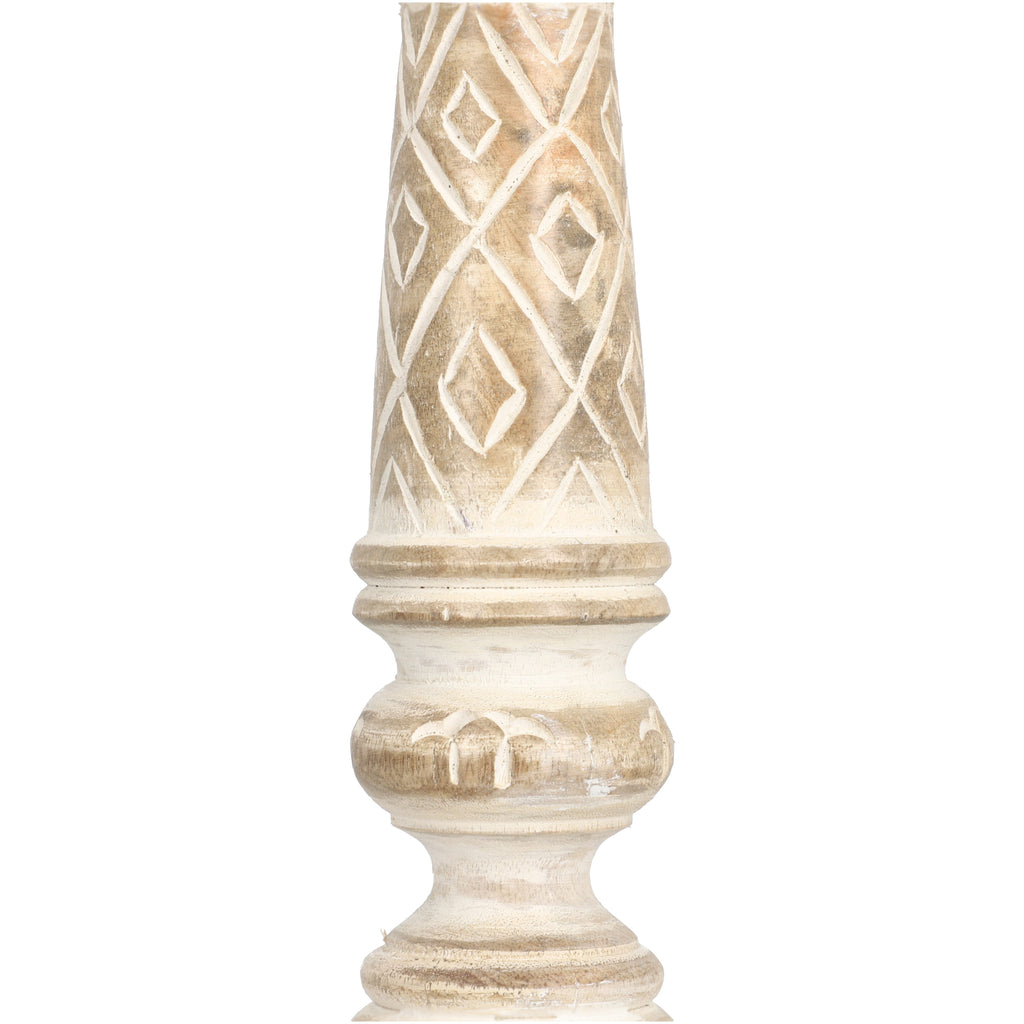 Set aus 2 antiken geschnitzten Holzkerzenhaltern mit quadratischem Ständer, 38cm, Beige