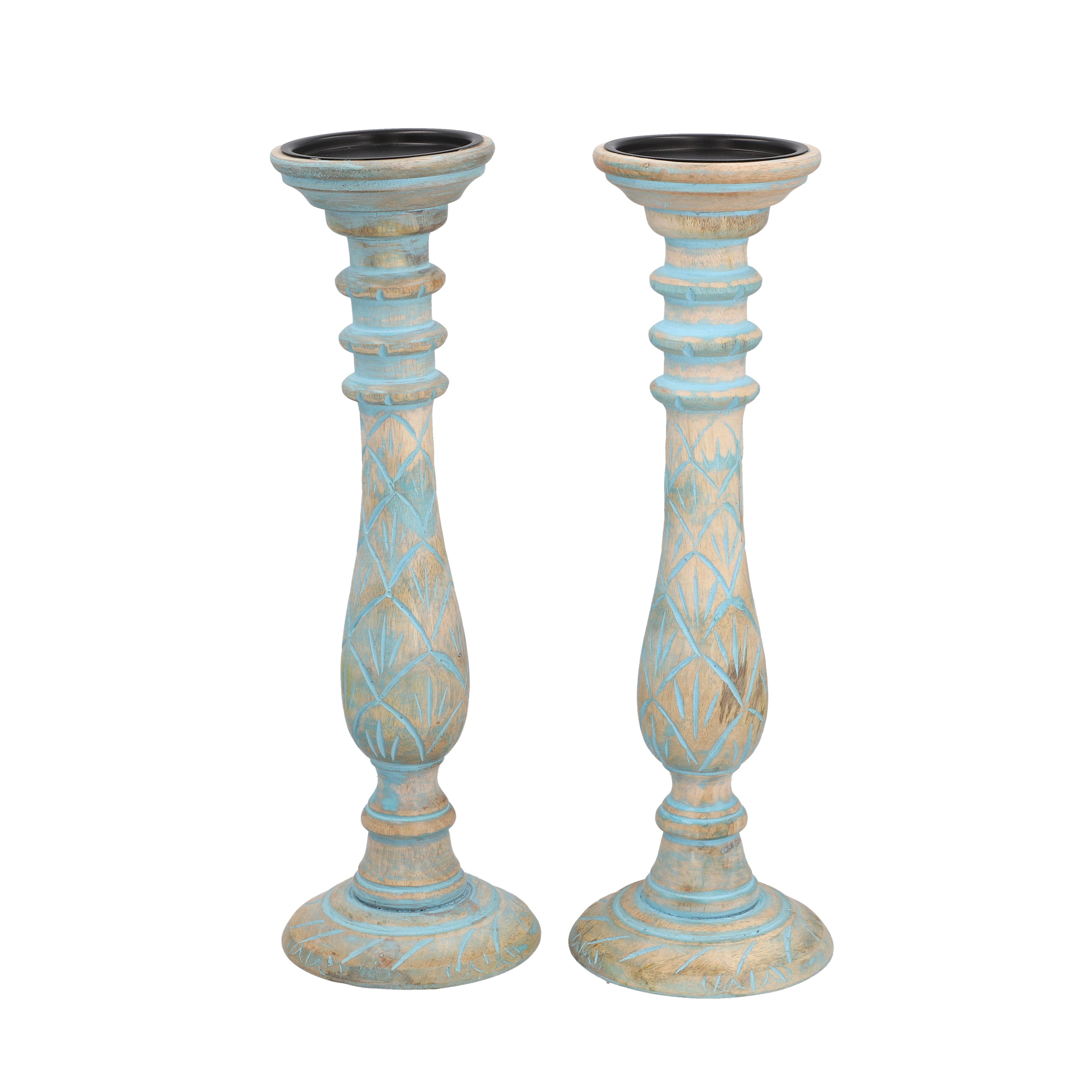 Set aus 2 antiken geschnitzten Holzkerzenhaltern mit rundem Ständer, 38cm, Hellblau