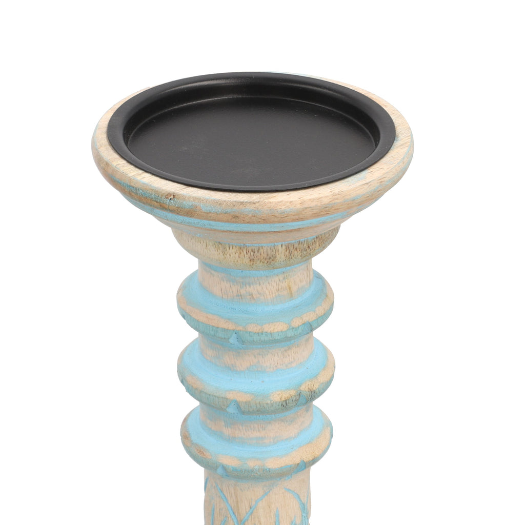 Set aus 2 antiken geschnitzten Holzkerzenhaltern mit rundem Ständer, 38cm, Hellblau