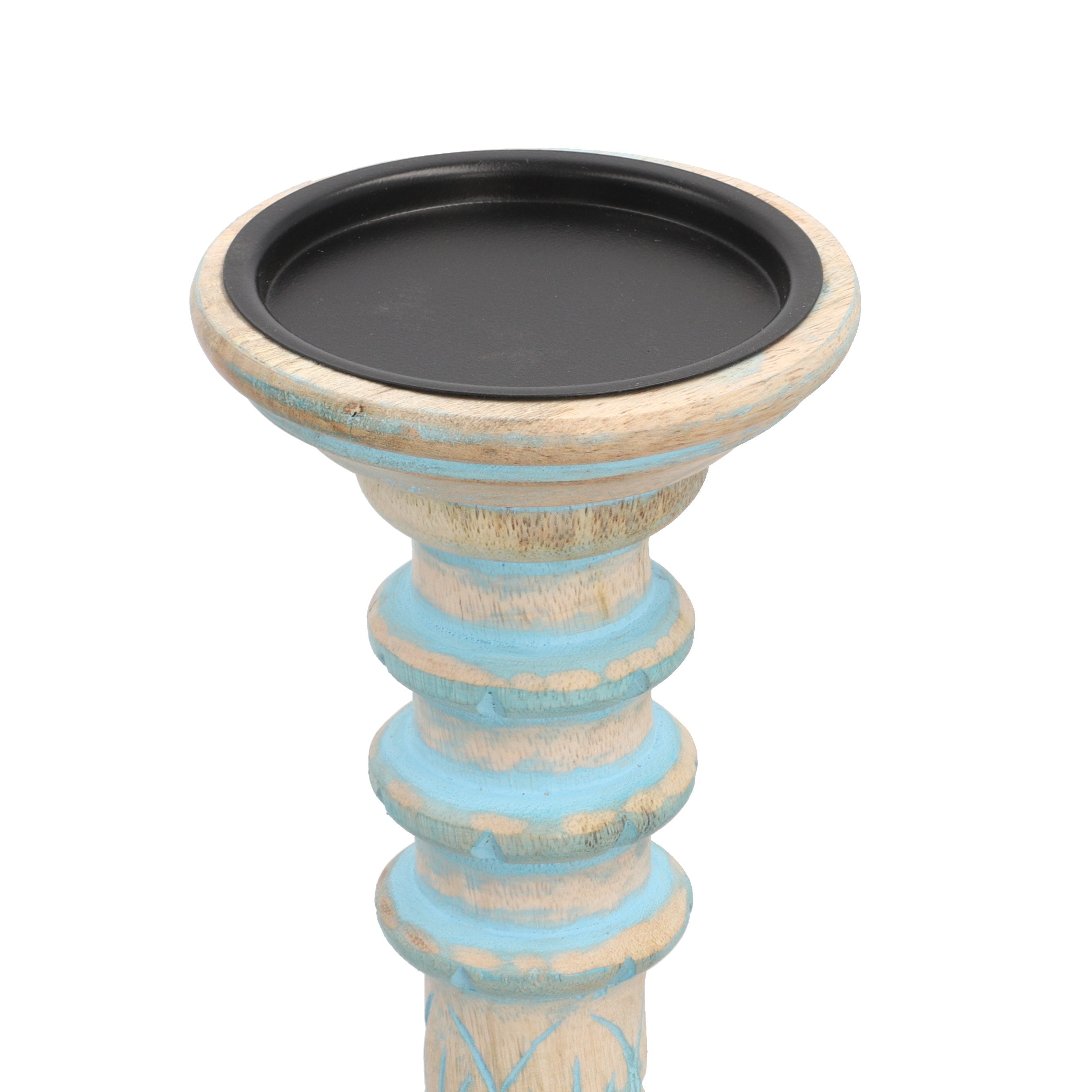 Set aus 2 antiken geschnitzten Holzkerzenhaltern mit rundem Ständer, 38cm, Hellblau