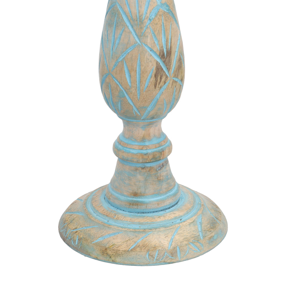 Set aus 2 antiken geschnitzten Holzkerzenhaltern mit rundem Ständer, 38cm, Hellblau