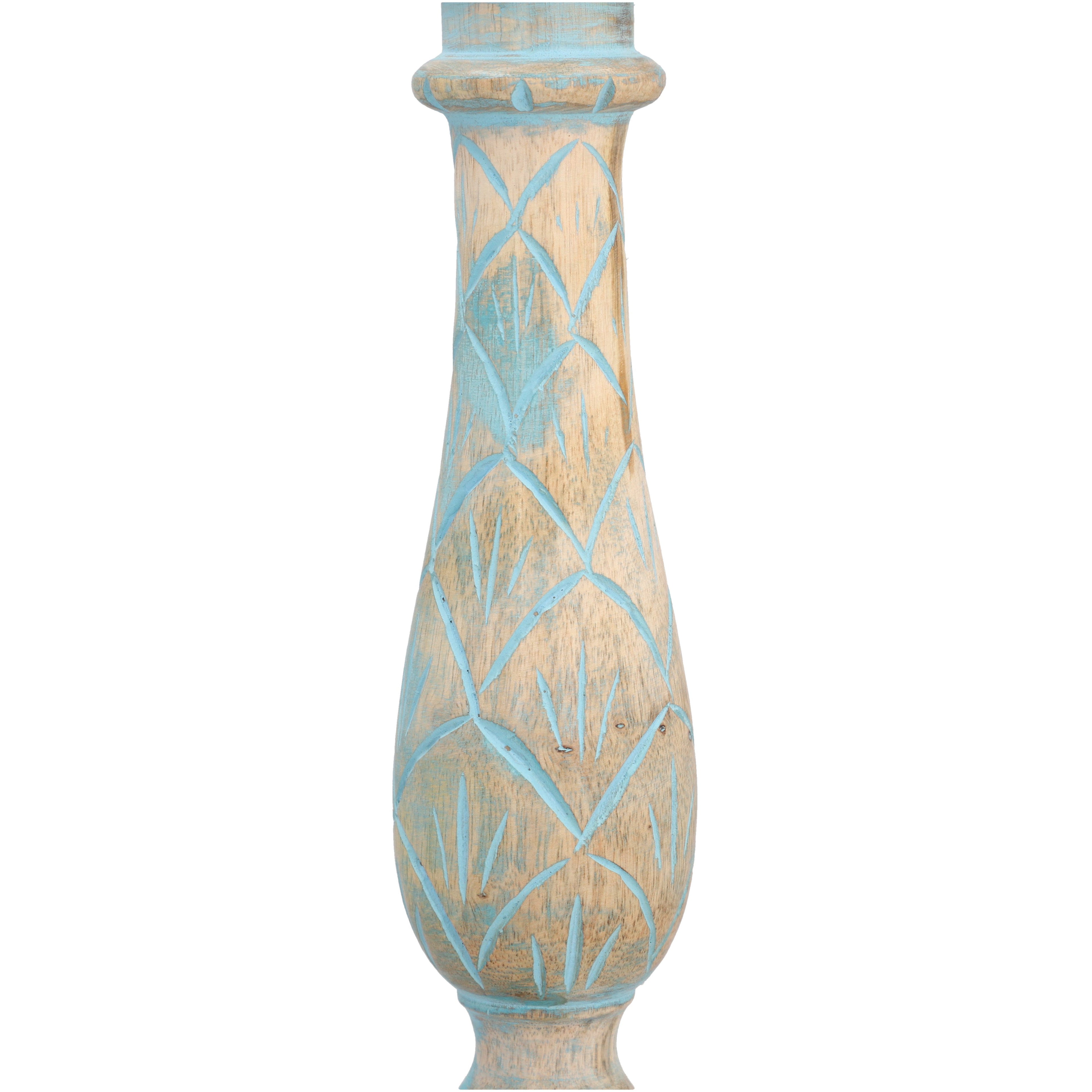 Set aus 2 antiken geschnitzten Holzkerzenhaltern mit rundem Ständer, 38cm, Hellblau