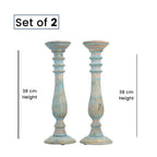 Set aus 2 antiken geschnitzten Holzkerzenhaltern mit rundem Ständer, 38cm, Hellblau
