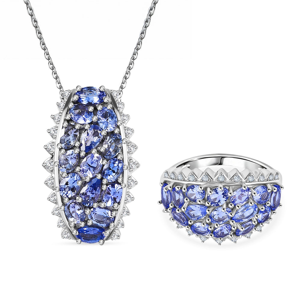 D'Joy Tansanit und Zirkon Ring und Anhänger mit 50cm Kette