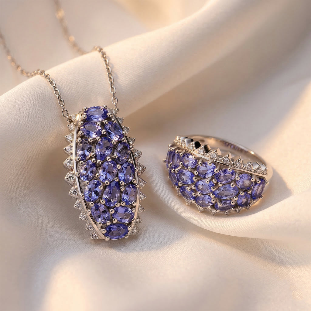 D'Joy Tansanit und Zirkon Ring und Anhänger mit 50cm Kette