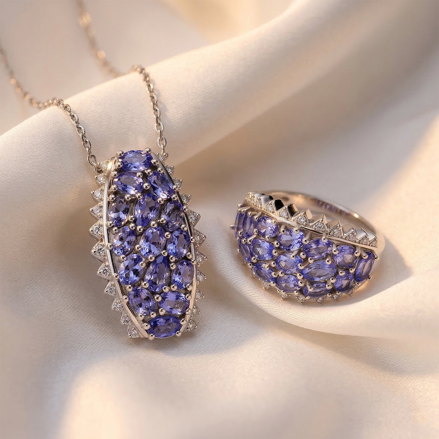 D'Joy Tansanit und Zirkon Ring und Anhänger mit 50cm Kette