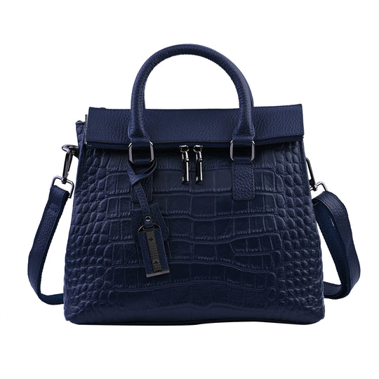 Schultertasche aus 100% echtem Leder mit Kroko-Prägung und abnehmbarem Riemen