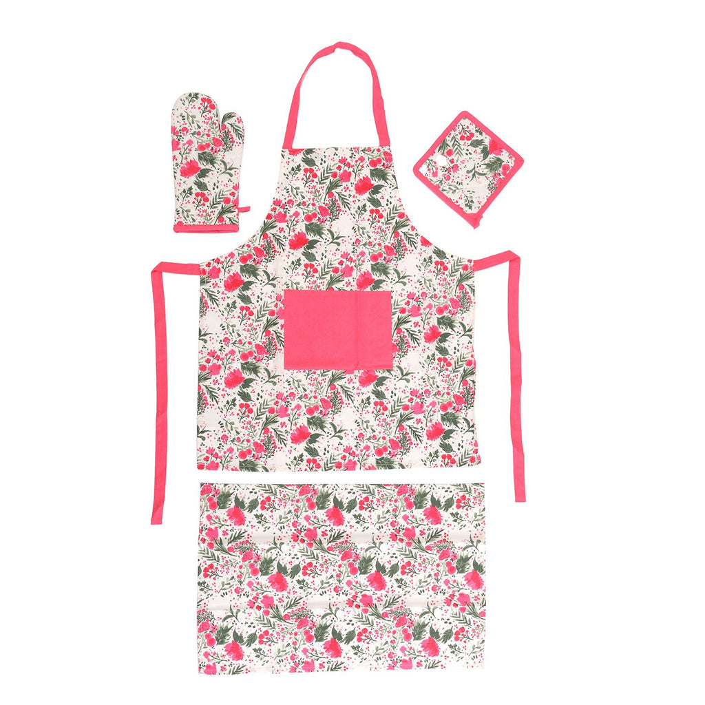 4er Set - Küchenzubehör, 1 Schürze, 1 Handschuh, 1 Topflappen & 1 Küchentuch, Grün/Rosa