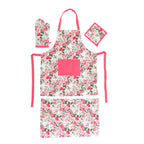 4er Set - Küchenzubehör, 1 Schürze, 1 Handschuh, 1 Topflappen & 1 Küchentuch, Grün/Rosa