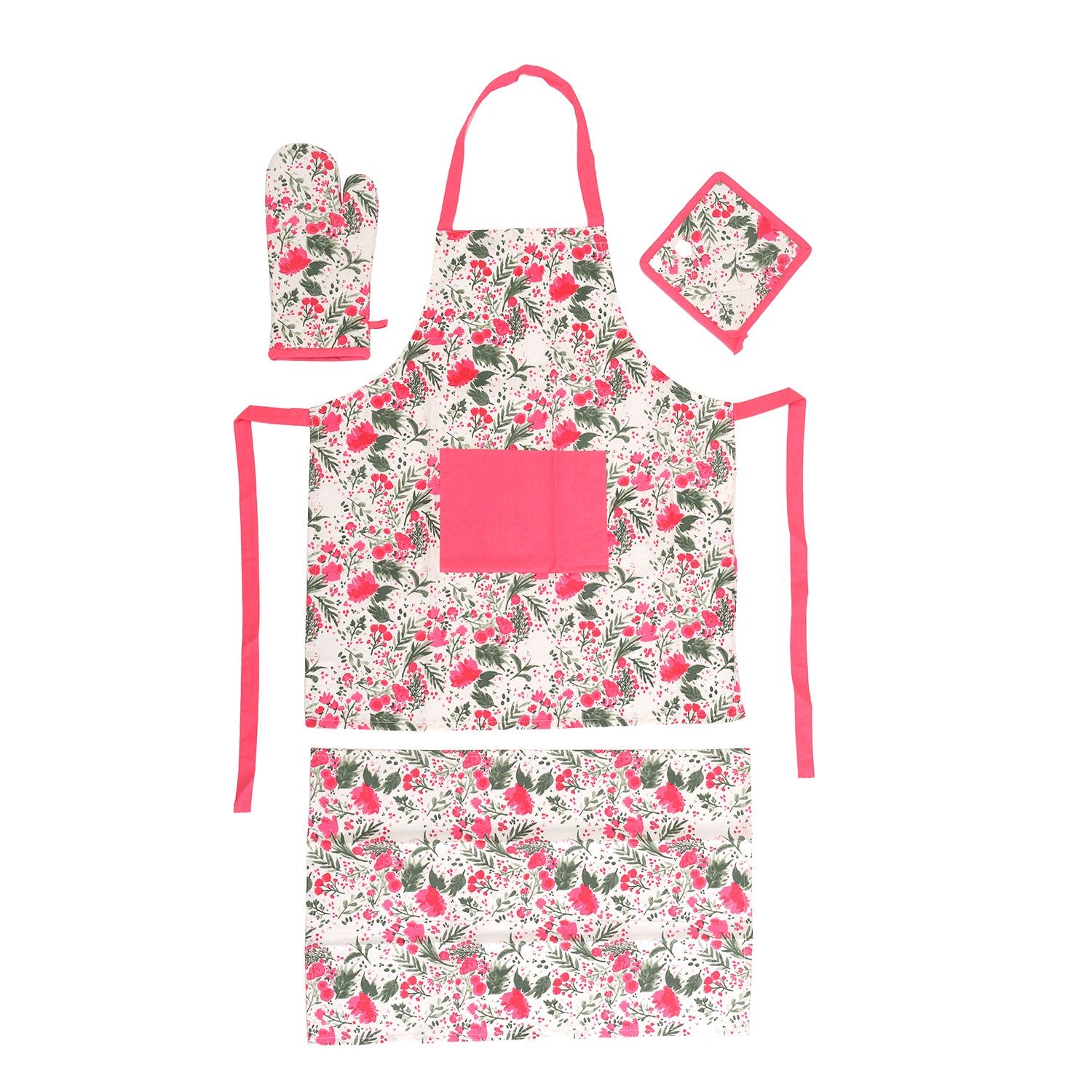 4er Set - Küchenzubehör, 1 Schürze, 1 Handschuh, 1 Topflappen & 1 Küchentuch, Grün/Rosa