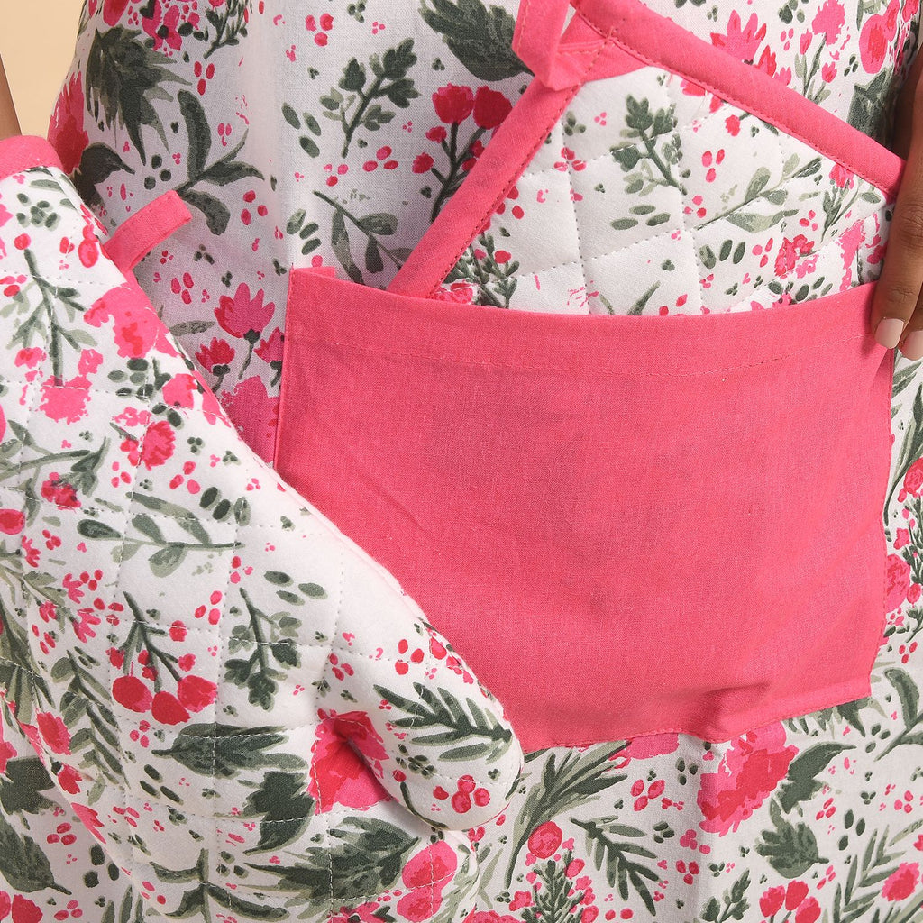 4er Set - Küchenzubehör, 1 Schürze, 1 Handschuh, 1 Topflappen & 1 Küchentuch, Grün/Rosa