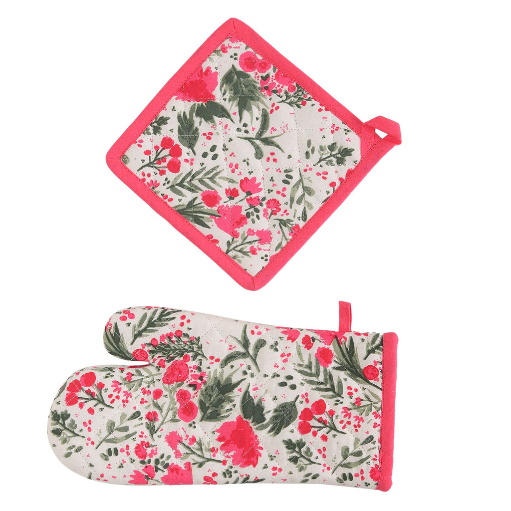4er Set - Küchenzubehör, 1 Schürze, 1 Handschuh, 1 Topflappen & 1 Küchentuch, Grün/Rosa