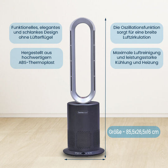 5 in 1 Luftdoktor - Luftreiniger/Ventilator ohne Lüfterflügel mit HEPA Filter, Weiß und Silber