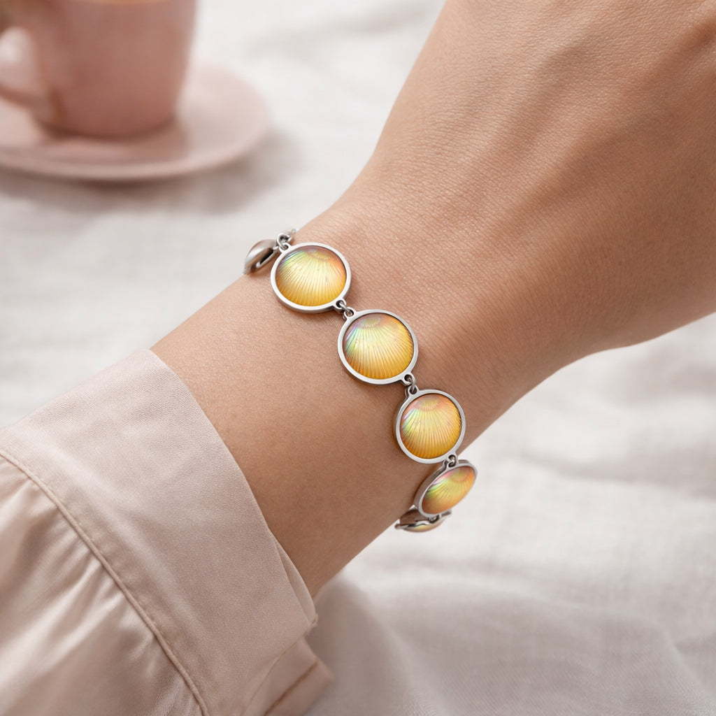 Muschel-inspiriertes Harzperlen-Design Armband, ca. 18.5 cm+ 5 cm extender, Reiner Edelstahl, Gelb