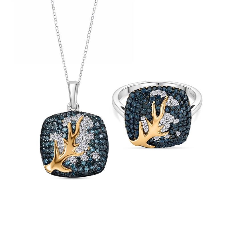 D'Joy blauer und weißer Diamant zweifarbiger Ring und Anhänger mit 50cm Kette