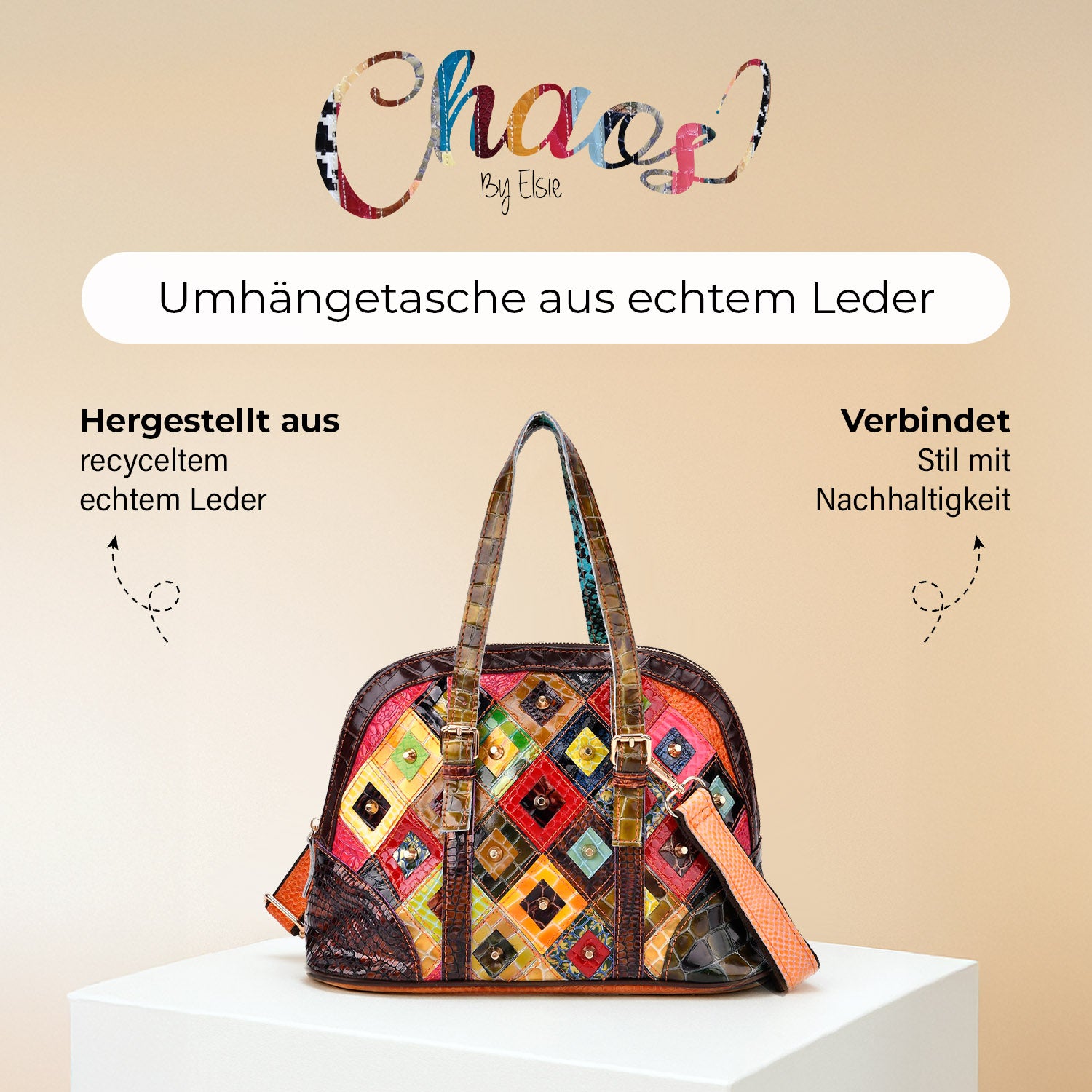 Chaos by Elsie Multicolor Kroko-Prägung Echtleder Crossbody Tasche mit RFID-Schutz und Mini-Taschenlampe und LA MAREY Schal aus 100 % Maulbeerseide