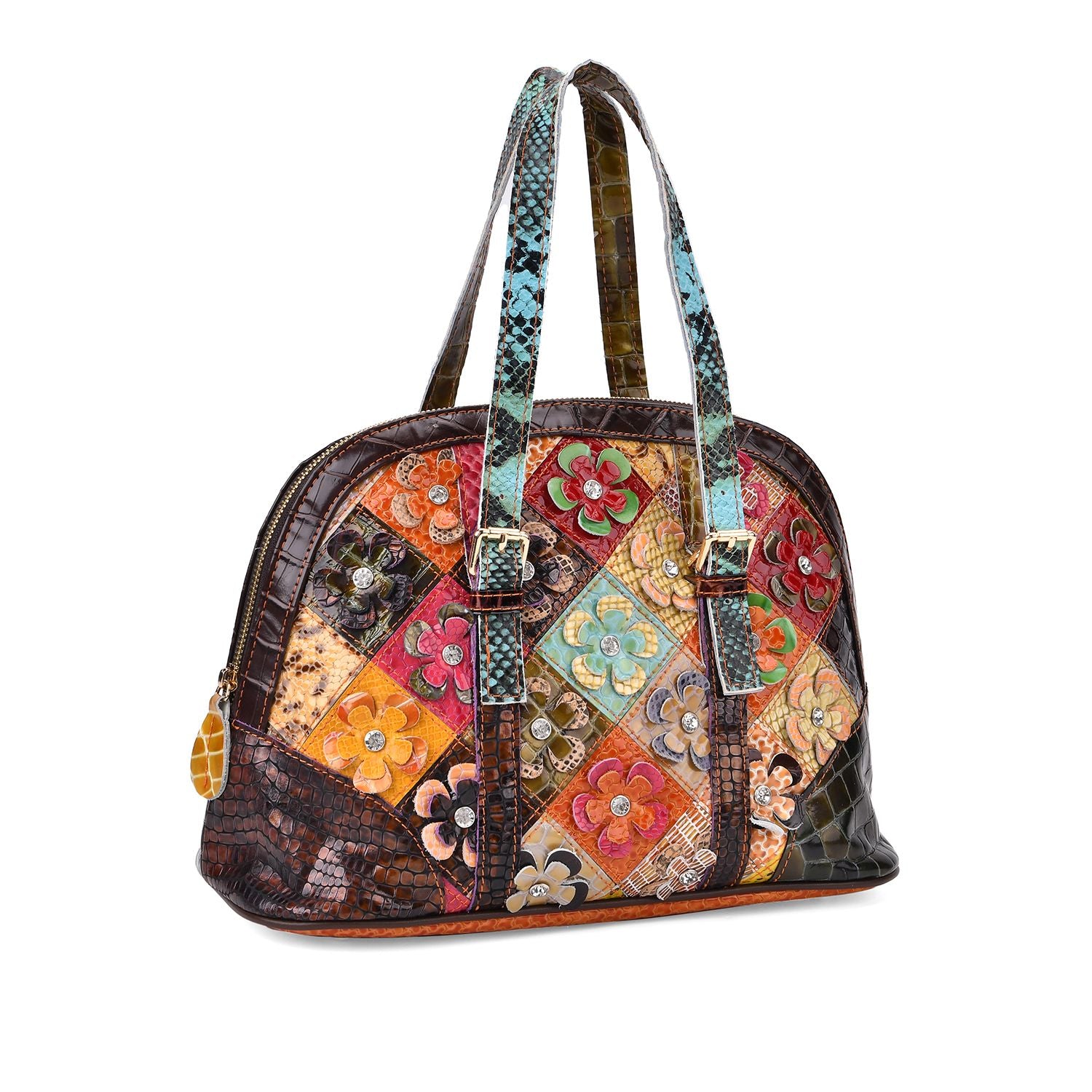 Chaos by Elsie Multicolor Kroko-Prägung Echtleder Crossbody Tasche mit RFID-Schutz und Mini-Taschenlampe und LA MAREY Schal aus 100 % Maulbeerseide