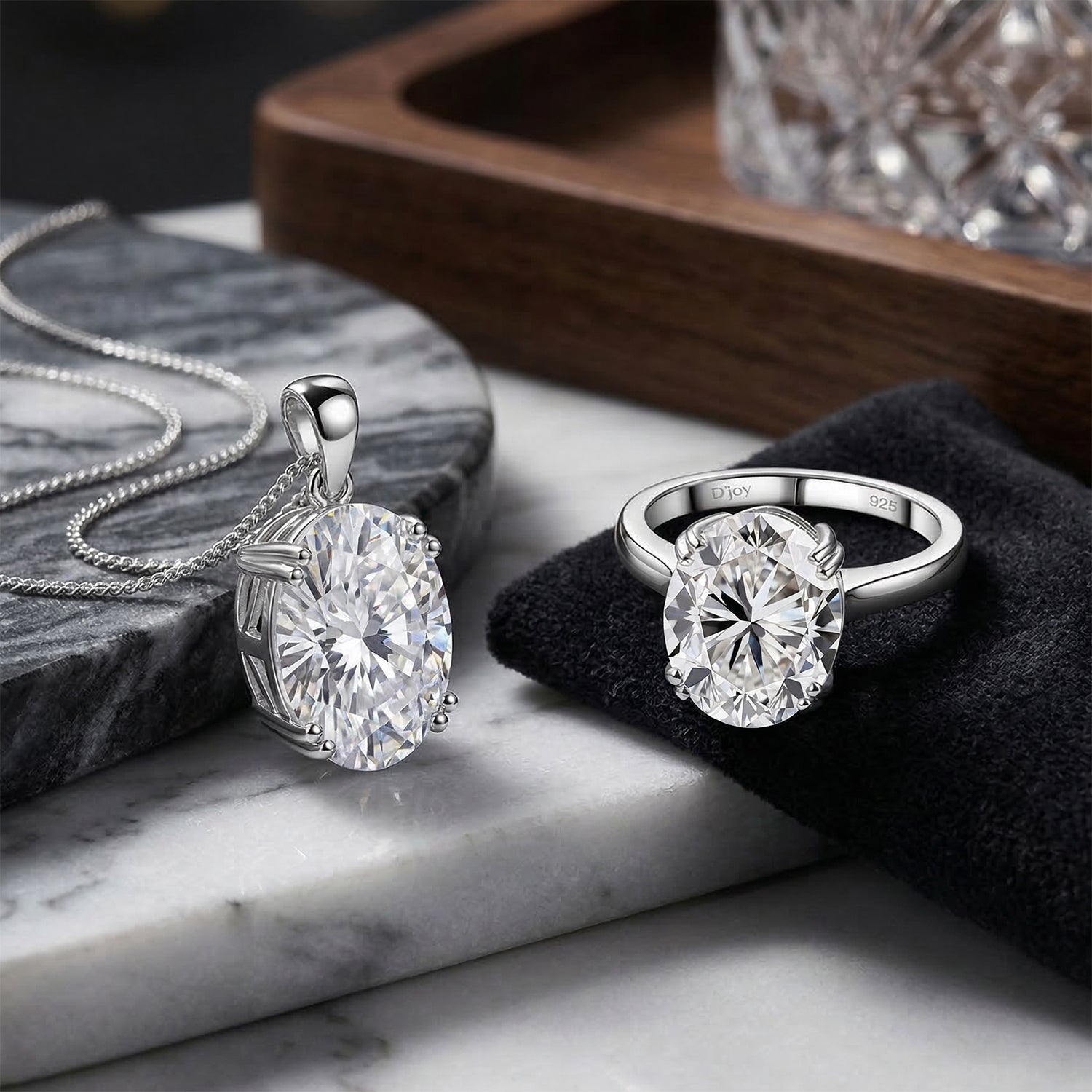 D'Joy Moissanit Ring und Anhänger mit 45 cm langer Kette