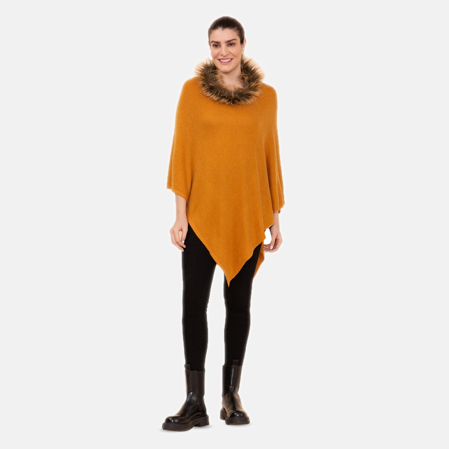LA MAREY - Kaschmir Poncho mit Kunstfell Bordüre, Senfgelb