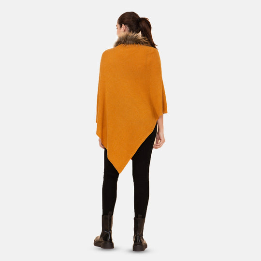 LA MAREY - Kaschmir Poncho mit Kunstfell Bordüre, Senfgelb