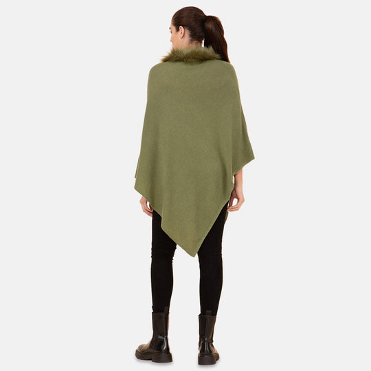 LA MAREY - Kaschmir Poncho mit Kunstfell Bordüre, Olivgrün
