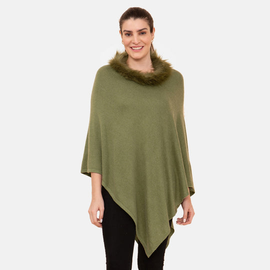 LA MAREY - Kaschmir Poncho mit Kunstfell Bordüre, Olivgrün
