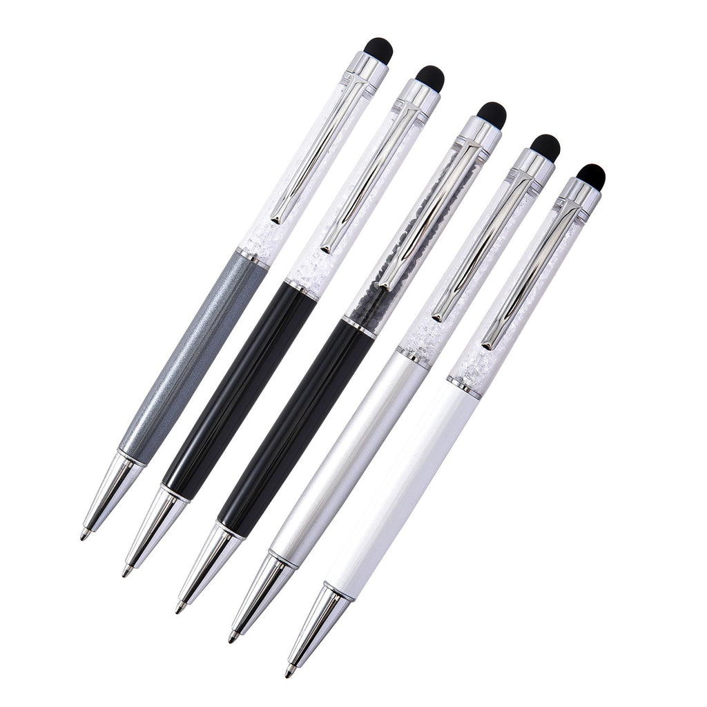 5er Set - Kristall gefüllte Aluminium-Kugelschreiber, schwarz/weiß