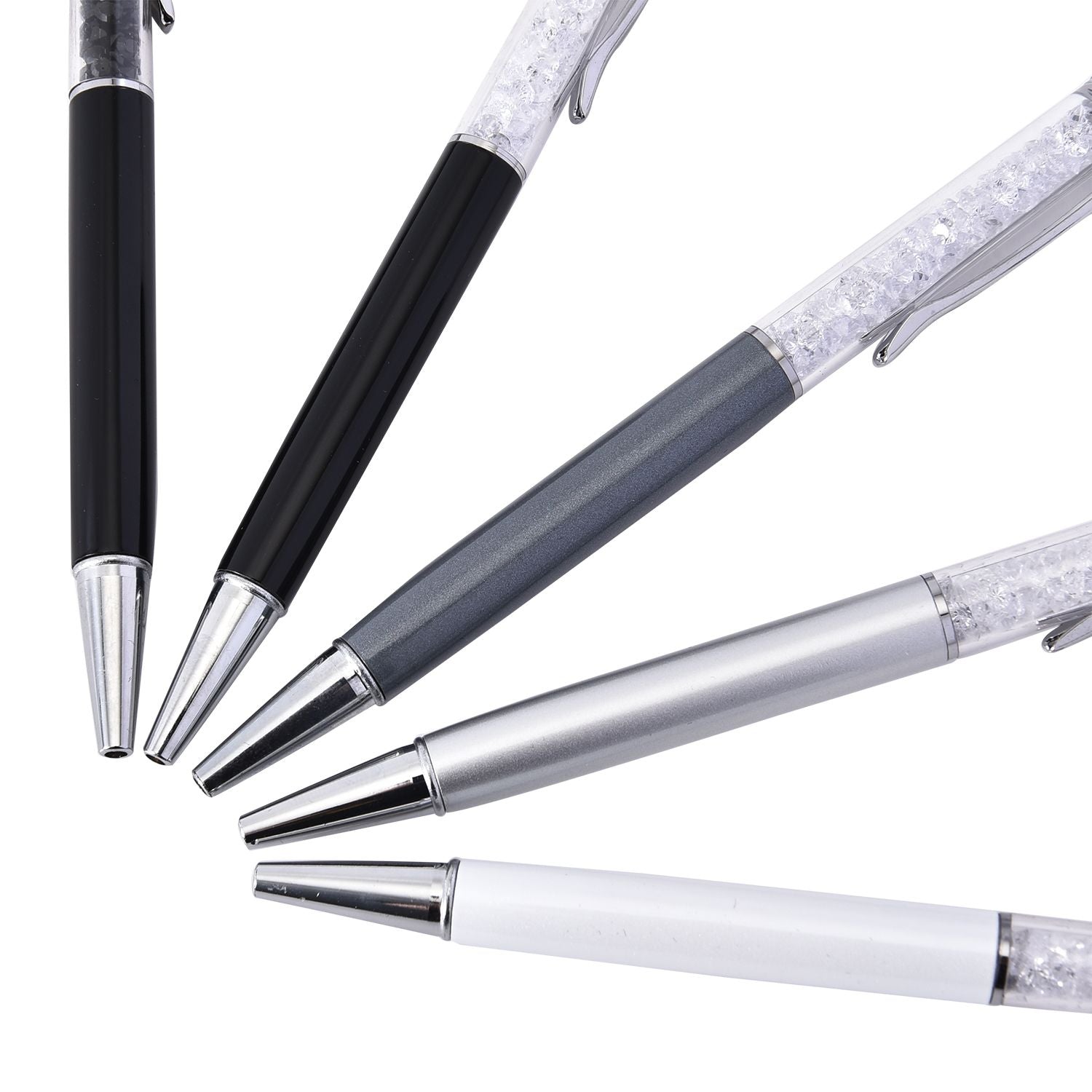 5er Set - Kristall gefüllte Aluminium-Kugelschreiber, schwarz/weiß