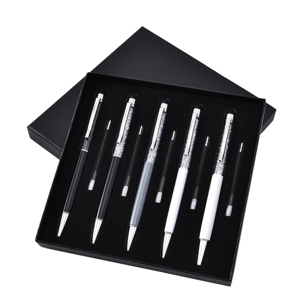 5er Set - Kristall gefüllte Aluminium-Kugelschreiber, schwarz/weiß