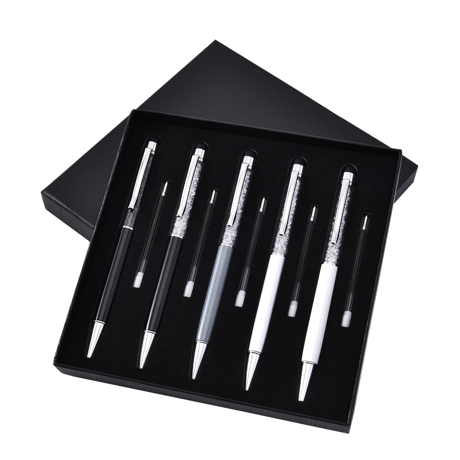 5er Set - Kristall gefüllte Aluminium-Kugelschreiber, schwarz/weiß