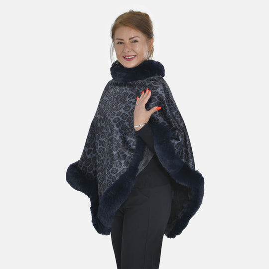 Warm und weich: Kunstpelz-Poncho mit Leopardenmuster, 70x92 cm, dunkelblau