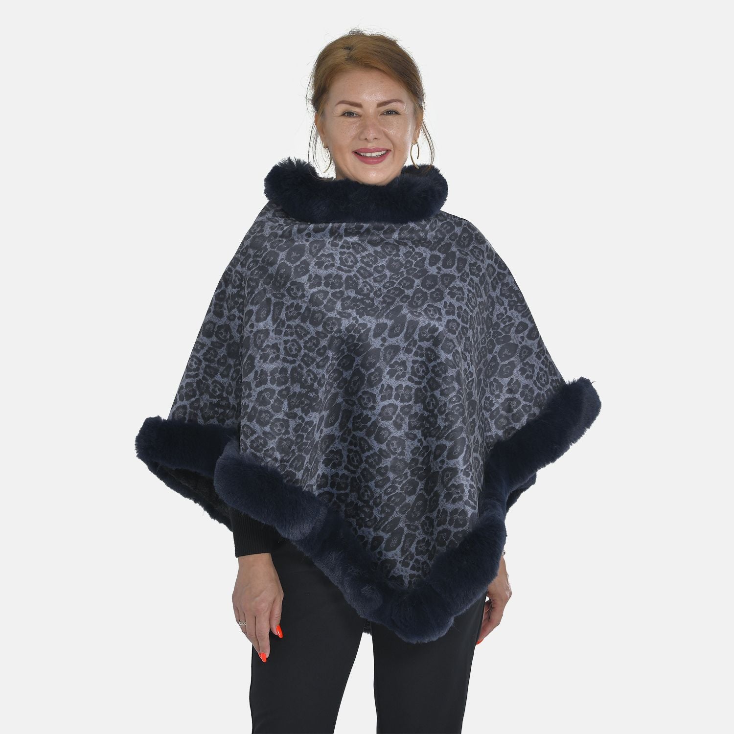 Warm und weich: Kunstpelz-Poncho mit Leopardenmuster, 70x92 cm, dunkelblau