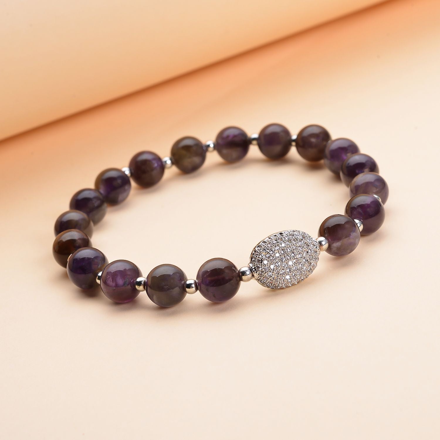 Afrikanisches Amethyst und weißes Zirkonia Armband, ca. 18 cm, Messing ca. 65.50 ct