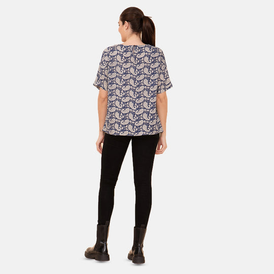 TAMSY - bedrucktes Top mit Paisleymuster, Größe 38, Blau