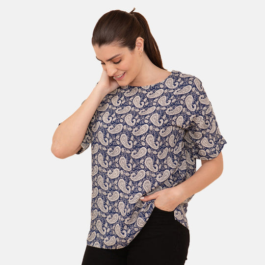 TAMSY - bedrucktes Top mit Paisleymuster, Größe 38, Blau