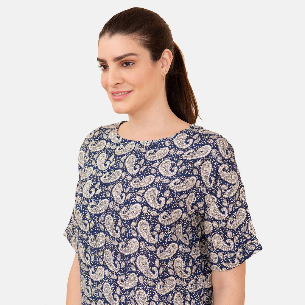 TAMSY - bedrucktes Top mit Paisleymuster, Größe 38, Blau