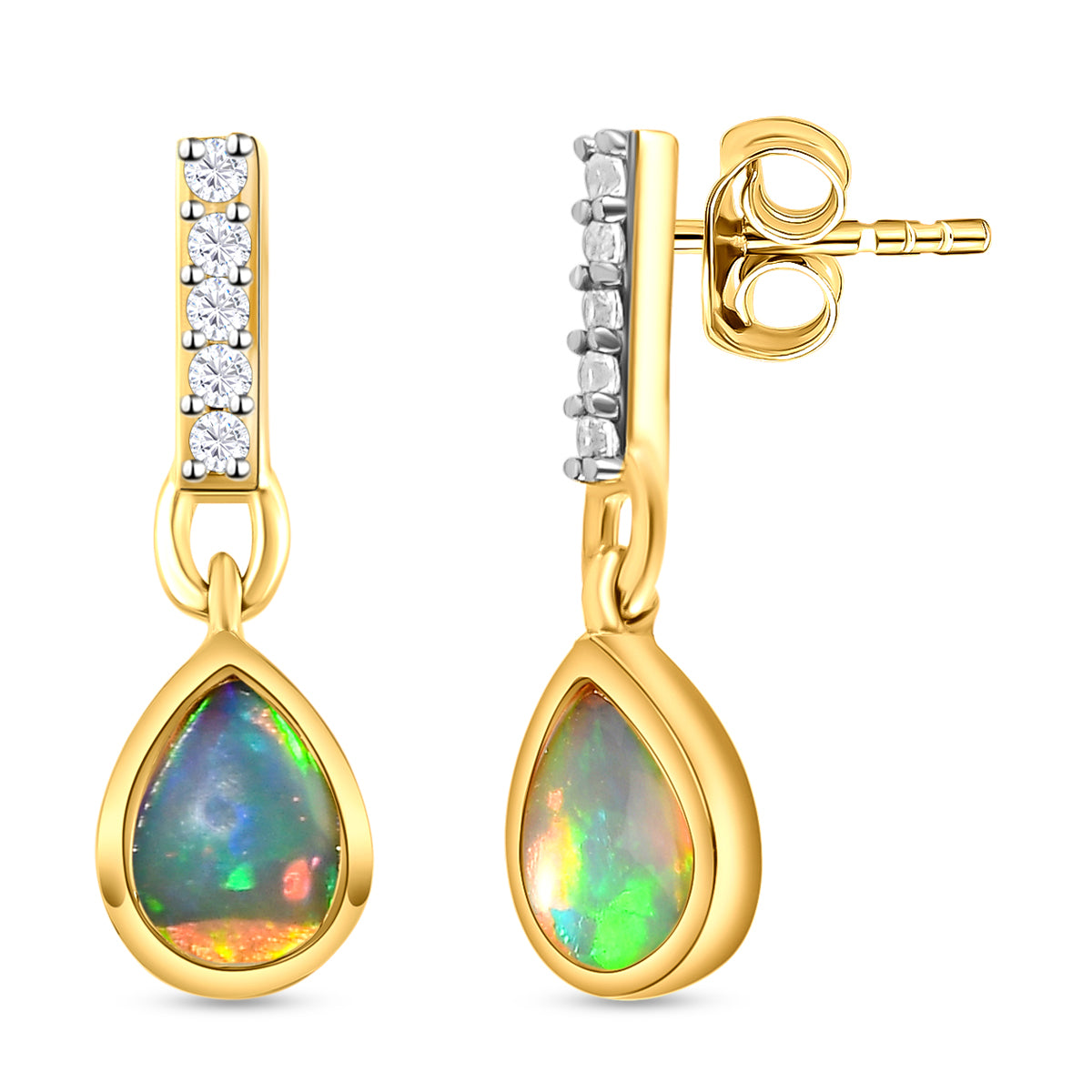 Natürliche, äthiopische Opal und weiße Zirkon-Ohrringe, 925 Silber vergoldet ca. 1,03 ct