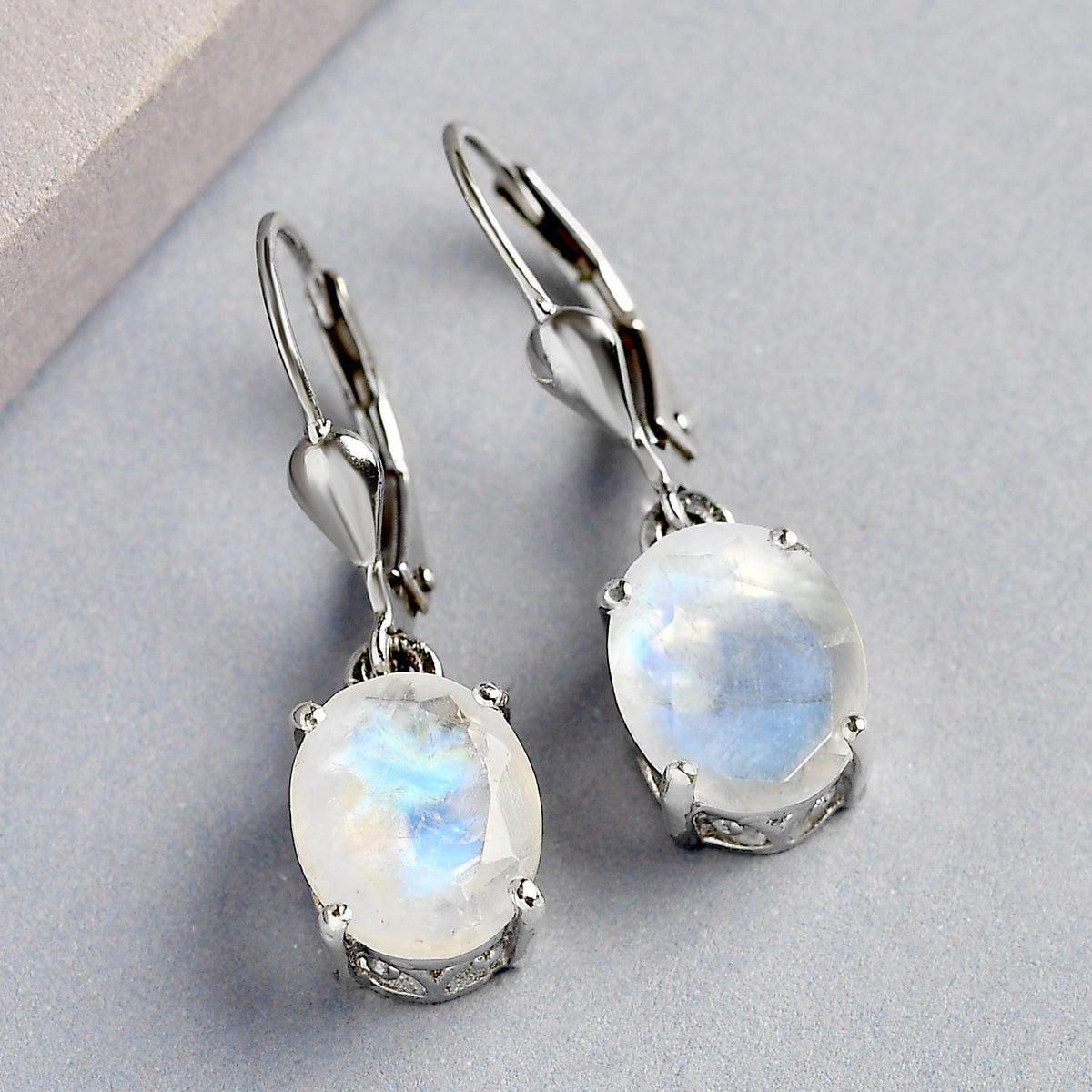 Premium Regenbogen Mondstein-Ohrringe, 925 Silber platiniert ca. 4,81 ct