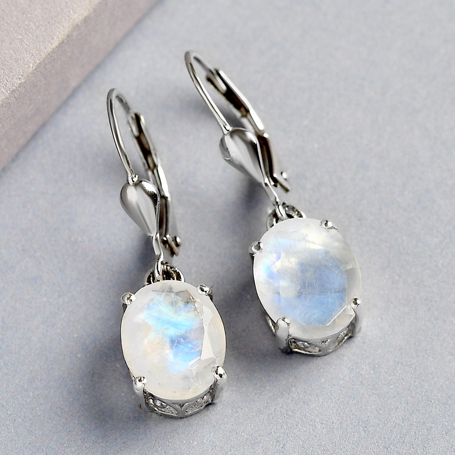 Premium Regenbogen Mondstein-Ohrringe, 925 Silber platiniert ca. 4,81 ct