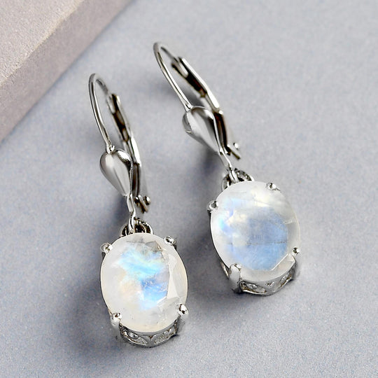 Premium Regenbogen Mondstein-Ohrringe, 925 Silber platiniert ca. 4,81 ct
