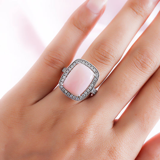 Peruanischer Rosa-Opal und weißer Zirkon-Ring, 925 Silber platiniert (Größe 19.00) ca. 9.08 ct