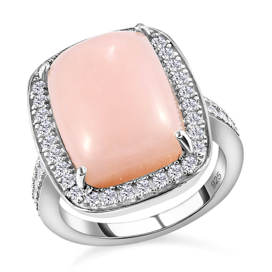 Peruanischer Rosa-Opal und weißer Zirkon-Ring, 925 Silber platiniert (Größe 19.00) ca. 9.08 ct