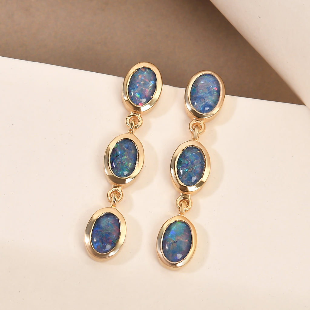 Boulder Opal Triplett-Ohrringe, 925 Silber vergoldet ca. 2,23 ct