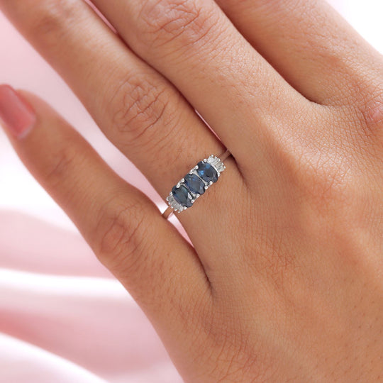 Ozean-grüner Saphir, Weißer Diamant Ring, 925 Silber platiniert (Größe 19.00), ca. 1.07 ct