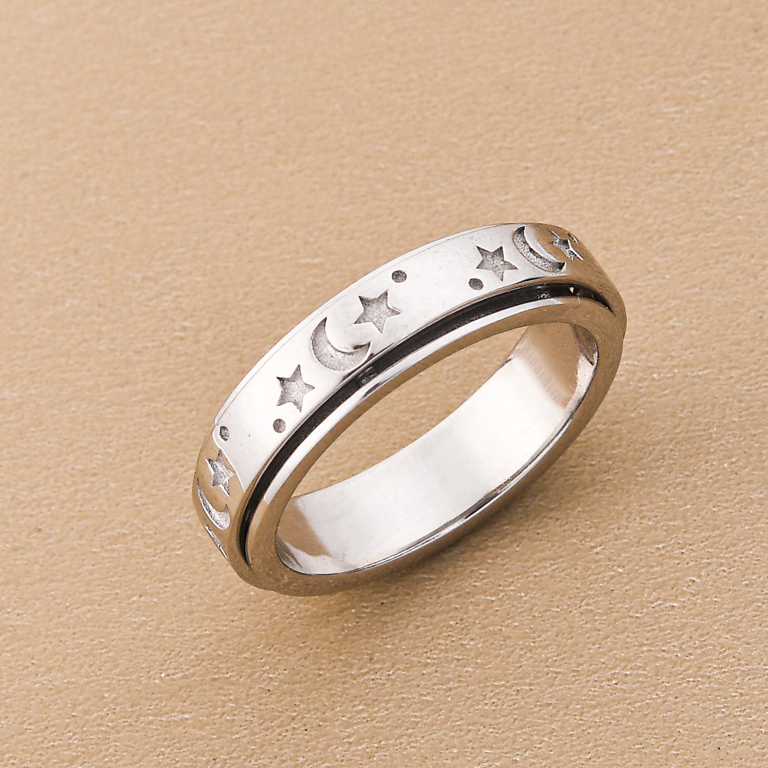Mond und Sterne Spinning-Ring, 925 Silber platiniert (Größe 18.00) ca. 4,90g