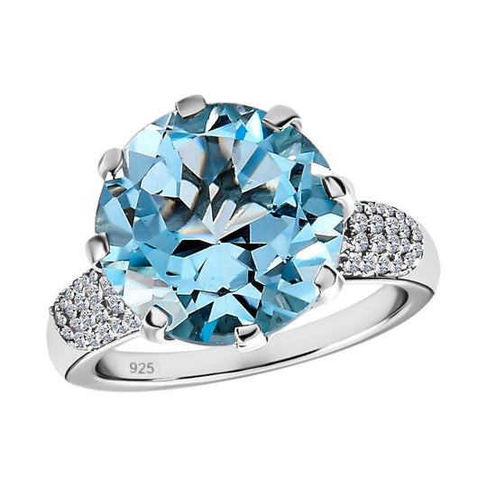 Himmelblauer Topas und weißer Zirkon Ring, 925 Silber platiniert ca. 7.95 ct